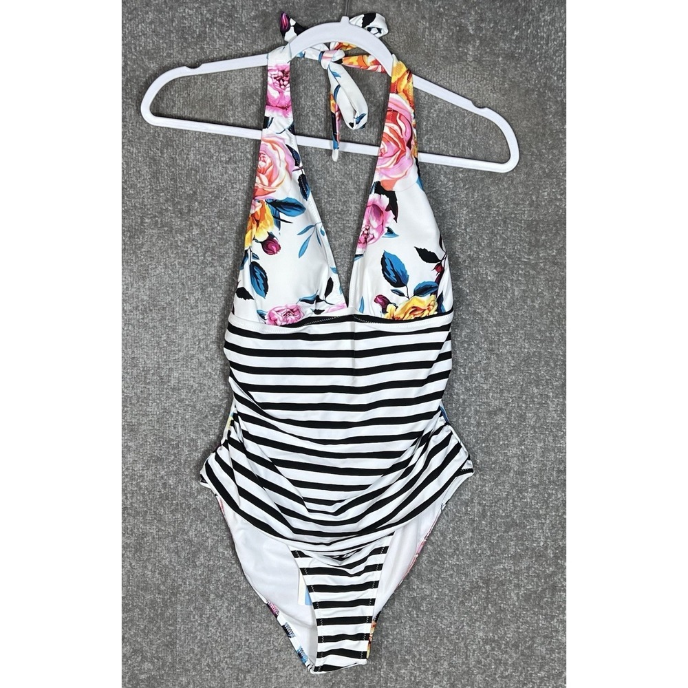 Cupshe Floral Striped Halter Tummy Control One Piece Swimsuit Womens Size XL New